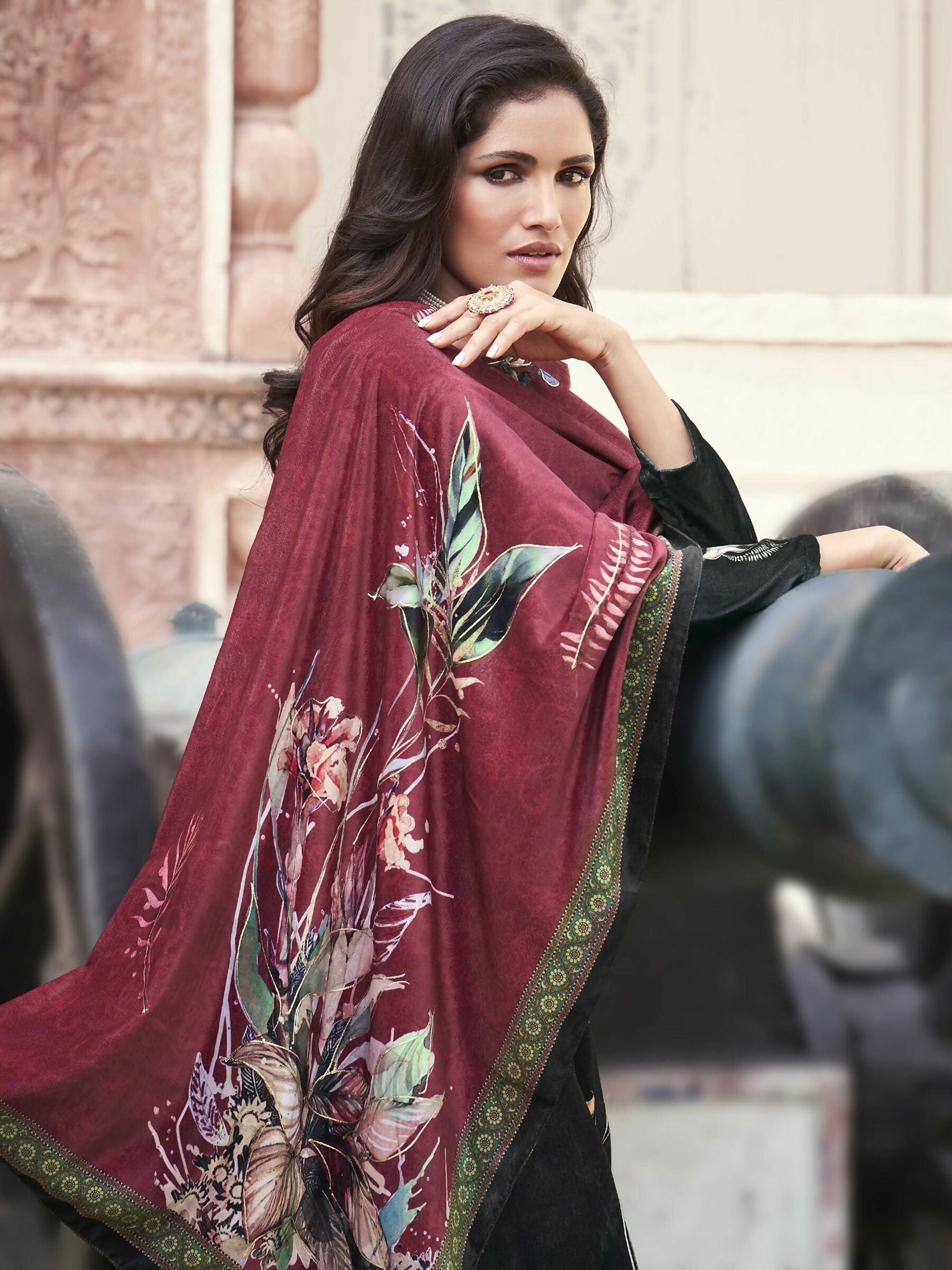 Jyoti Fashion Women's Black Velvet Floral Digital Printed Kurta with Trouser & Dupatta | Grocsy