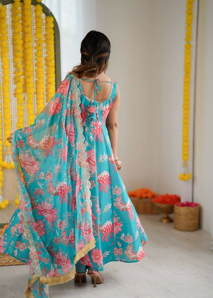 Teeya Creation Blue Pure Muslin Silk Digital Print Traditional Wear Long Gown | Grocsy