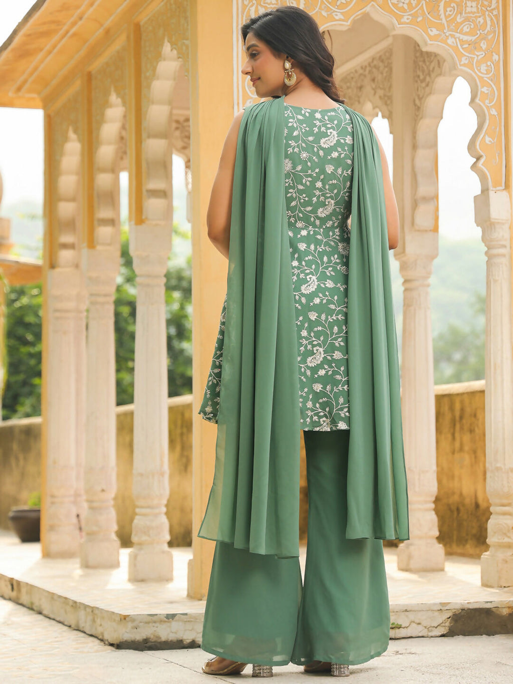Janasya Sage Green Georgette Embroidered Kurta,Bottom & Dupatta | Grocsy