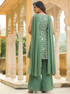 Janasya Sage Green Georgette Embroidered Kurta,Bottom & Dupatta | Grocsy