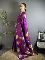 Joban Fashion Purple Motifs Zari Weaving Soft Silk Banarasi Saree | Grocsy