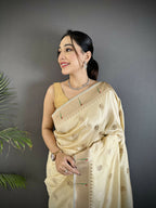 Joban Fashion Off-White Peacock & Floral Motifs Soft Silk Kanchipuram Saree | Grocsy