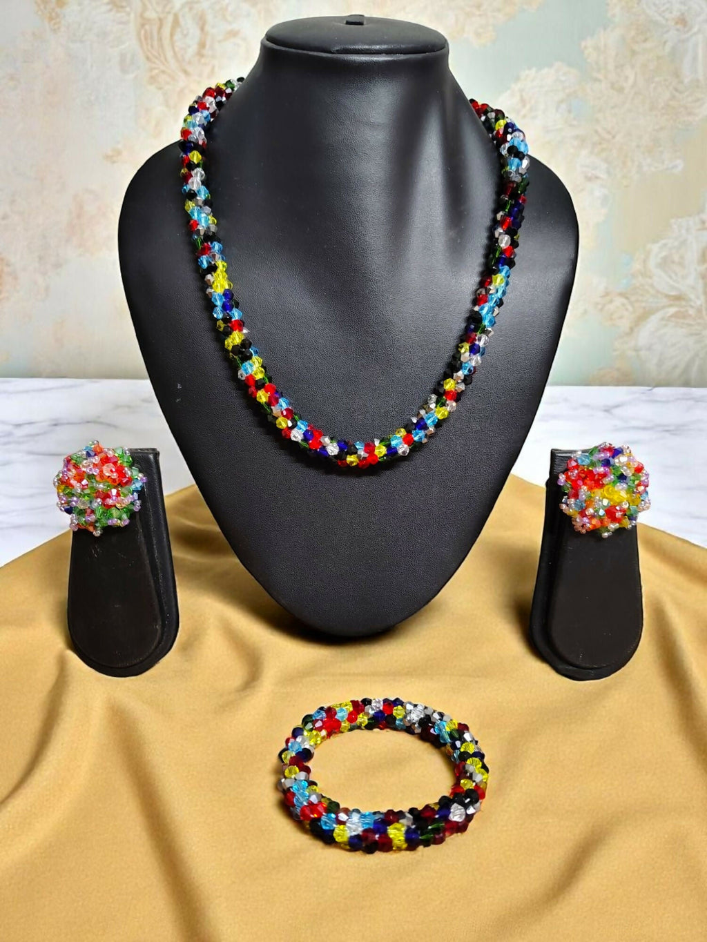 Inhanns Complete Look Crystal Statement 3-Piece Set (Adjustable Necklace + Earrings + Adjustable Bangle ) - Multi Colour | Grocsy