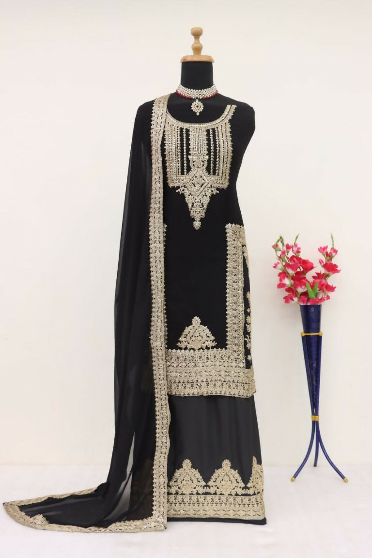 Vastranavya Gorgeous Black Faux Georgette with Embroidery 3mm Sequence & Coding Work Pakistani Straight Pant Suit | Grocsy