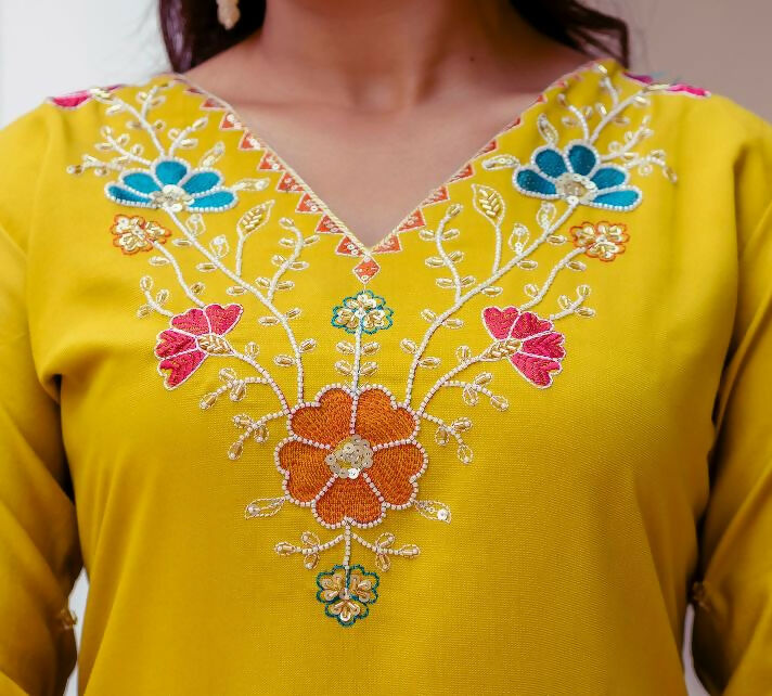 The52 Yellow Women's Gorgeous Embroidered work Viscose Gadhwal Fabric Straight Kurta, Pant and Dupatta Set | Grocsy