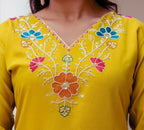 The52 Yellow Women's Gorgeous Embroidered work Viscose Gadhwal Fabric Straight Kurta, Pant and Dupatta Set | Grocsy