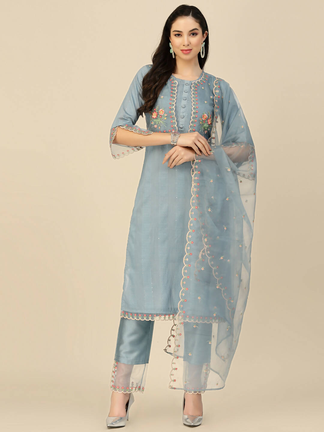 Sky Blue Embroidered Chinon Straight Kurta With Trouser & Dupatta - Salimar | Grocsy