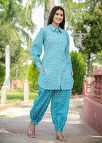 Kaajh Women's Sky Blue Printed Cotton Kurta Pant Set | Grocsy
