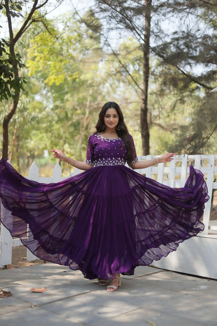 Vastranavya Faux Blooming with Beads embroidery-work Gown - Purple | Grocsy