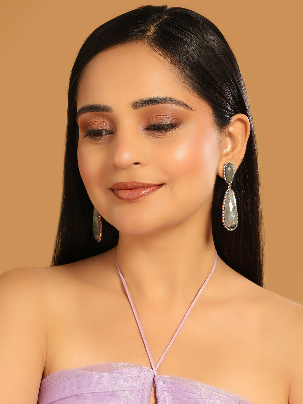 Nuyug 22K Gold Plated Labradorite Stone Contemporary Drop Earrings | Grocsy
