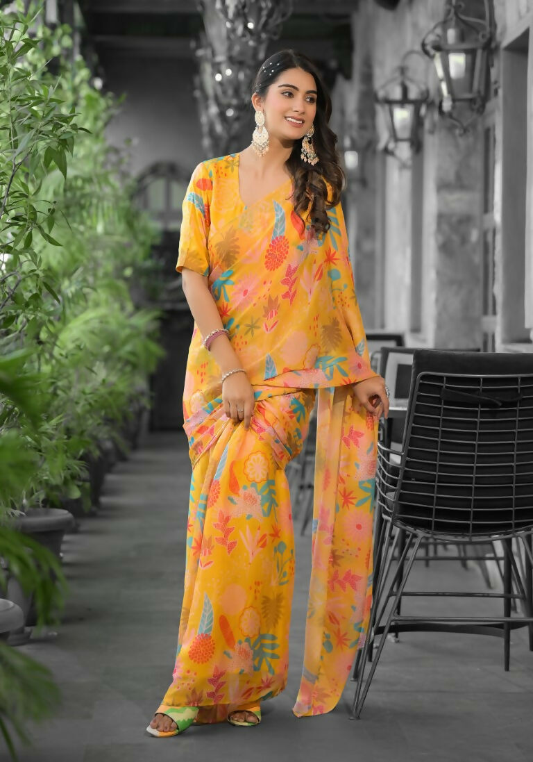 stylish Casual Yellow Imported georgette Ready to Wear Fancy Saree - Ashwini | Grocsy