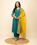 FIORRA Women's Teal Blue Crepe A-Line Kurta Pant with Dupatta | Grocsy