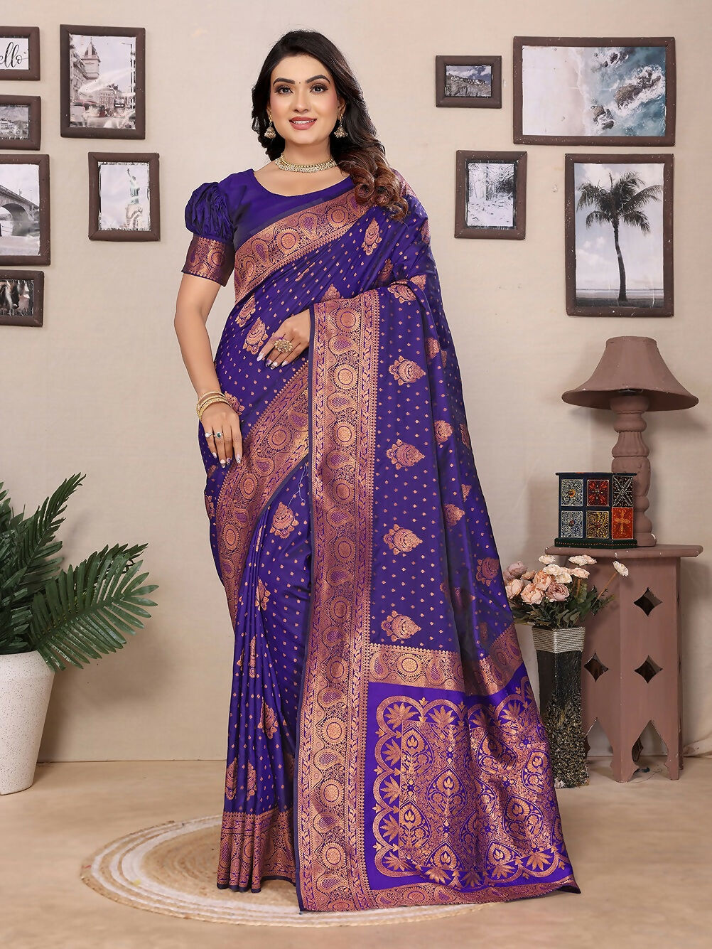 Joban Fashion Banarasi Navy Blue Woven Soft Silk Saree | Grocsy