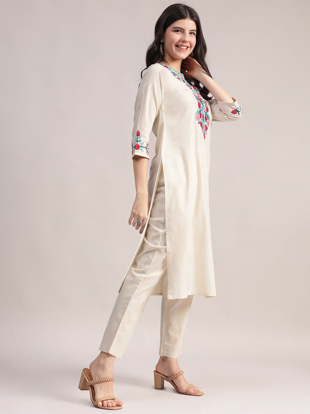 Aavyora Women's Off-White Embroidered Cotton Flex Co-Ord Set | Grocsy