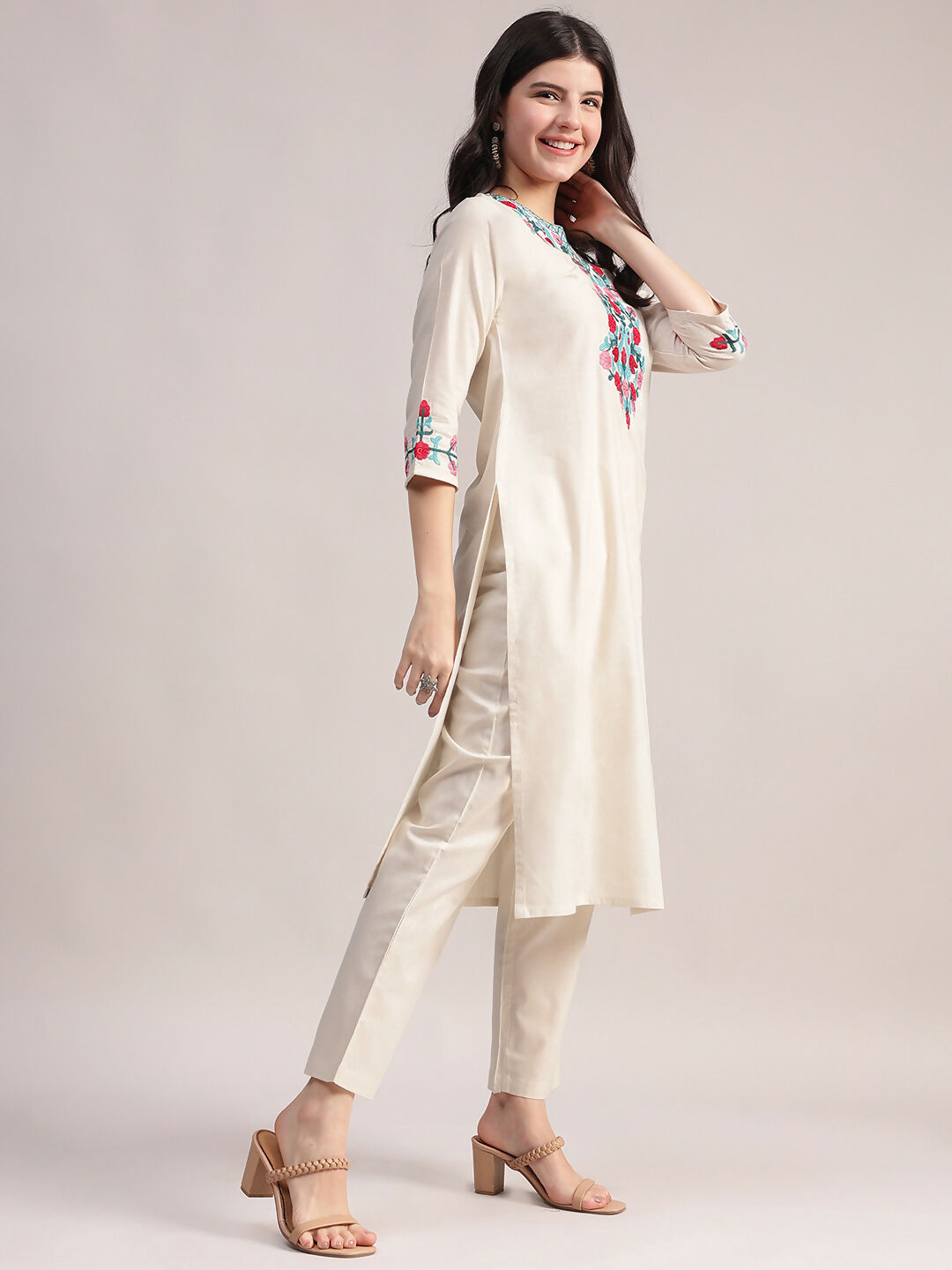 Aavyora Women's Off-White Embroidered Cotton Flex Co-Ord Set | Grocsy