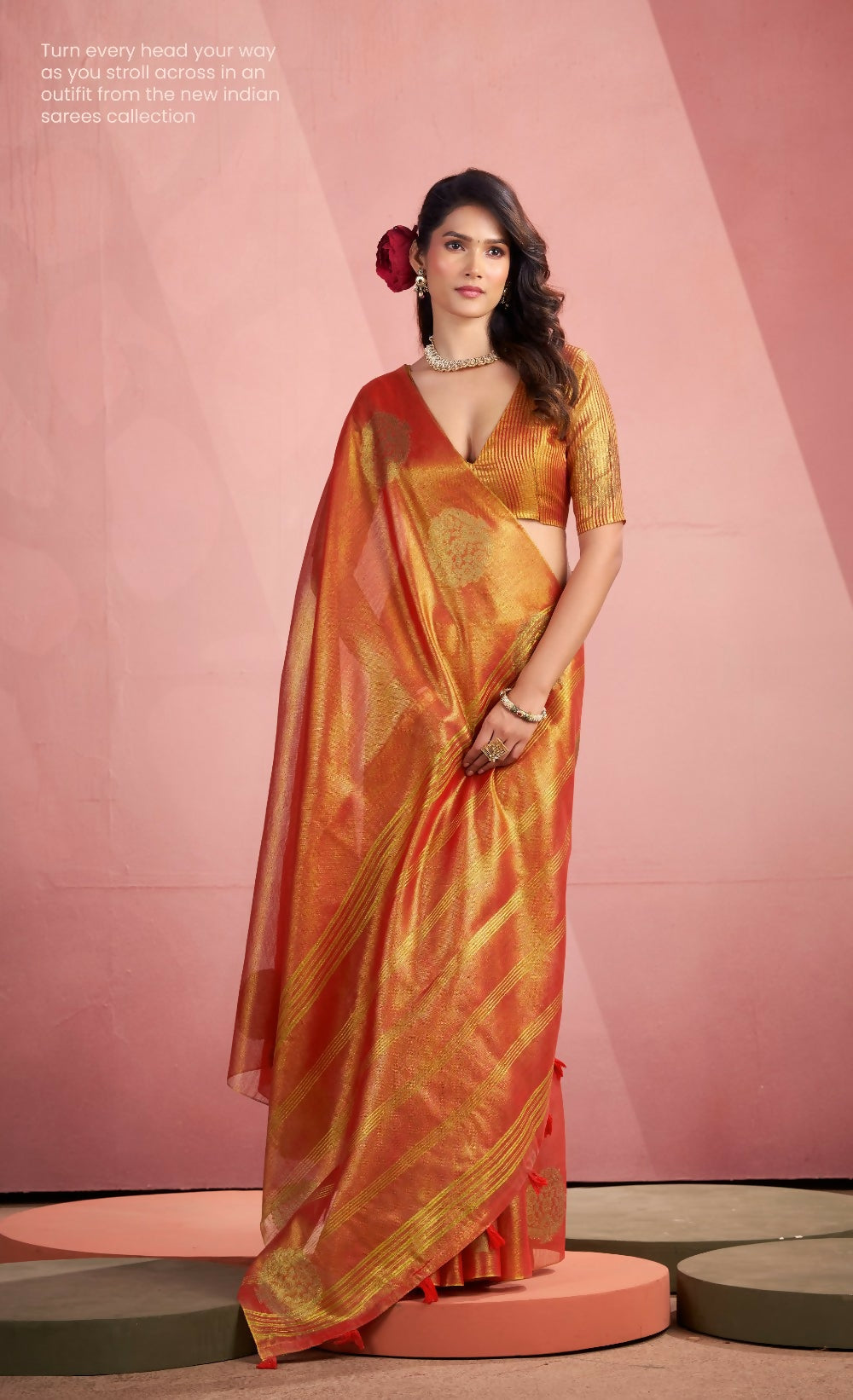 Anaita Orange Silk Tissue Zari Weaving Work Saree With Blouse Piece | Grocsy