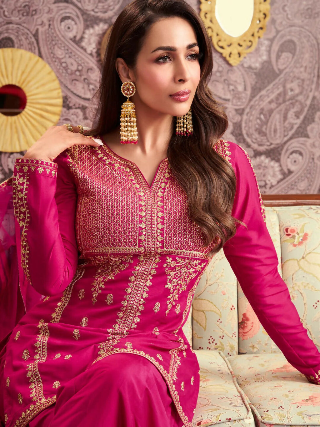 The52 Women's Beautiful Embroidery Work Chanderi Silk Fabric Straight Kurta Palazzo and Dupatta Set-Rani | Grocsy