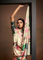 Beige Satin Digital Printed Saree with Unstitched Blouse Piece - Jodha | Grocsy