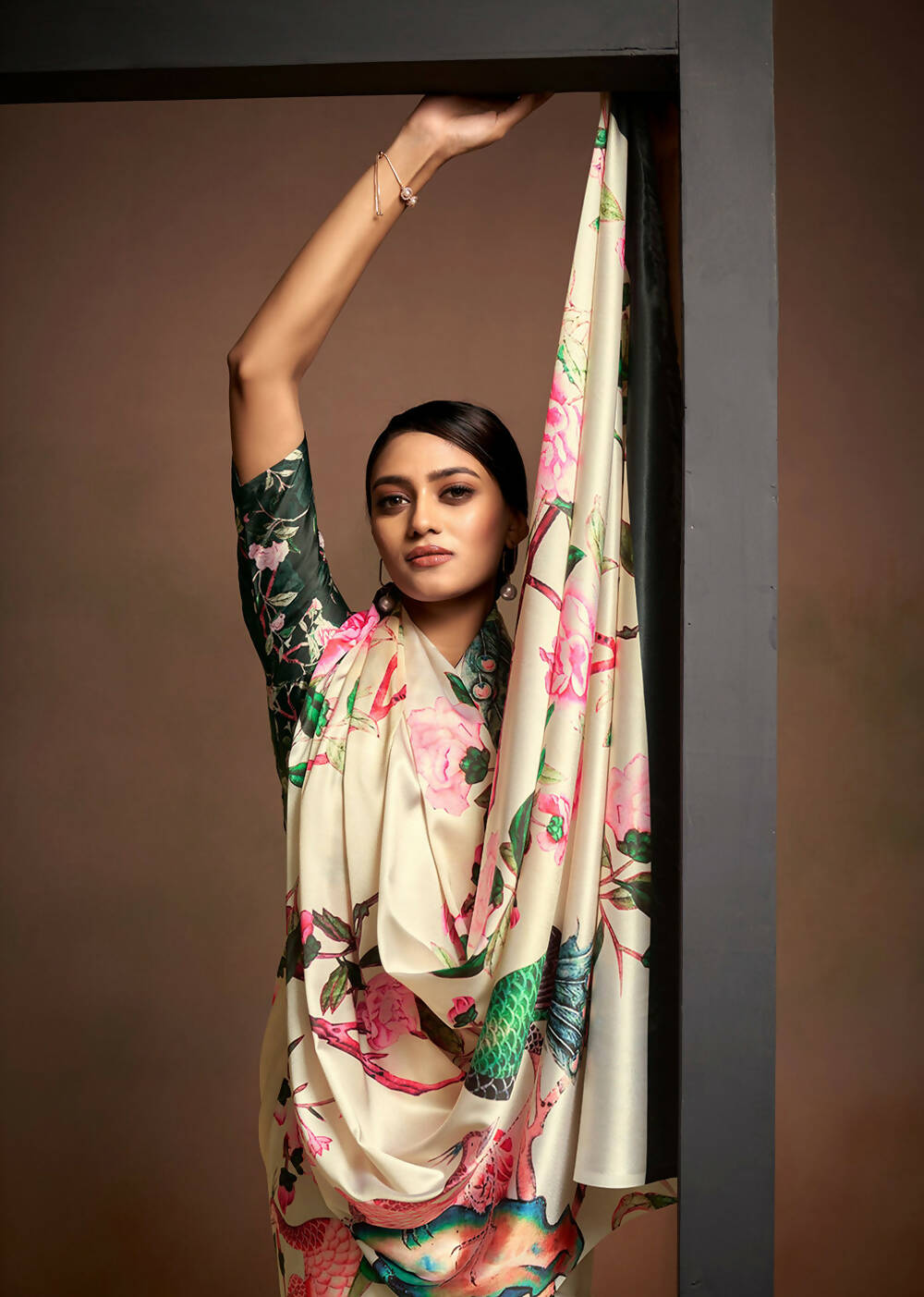 Beige Satin Digital Printed Saree with Unstitched Blouse Piece - Jodha | Grocsy