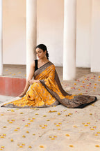 Joban Fashion Yellow Crepe Chiffon Pure Handloom Banarasi Silk Saree | Grocsy