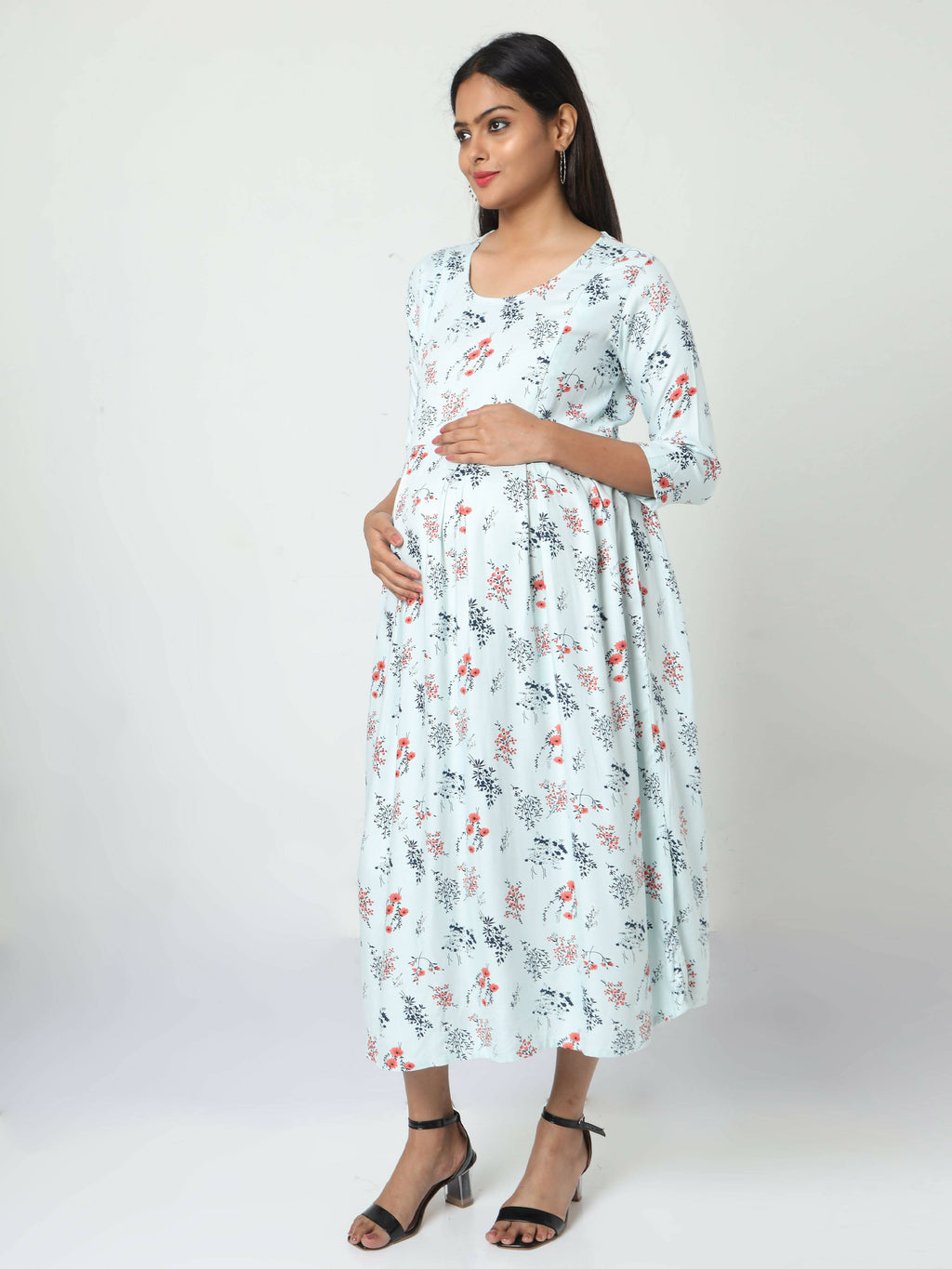 Manet Three Fourth Maternity Dress Floral Print With Concealed Zipper Nursing Access - Pista Green | Grocsy