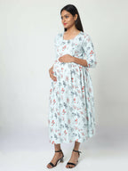 Manet Three Fourth Maternity Dress Floral Print With Concealed Zipper Nursing Access - Pista Green | Grocsy