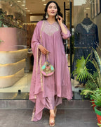 The52 Women's Beautiful Chinon Fabric Embroidery Work Flared Kurta Pant and Dupatta Set | Grocsy