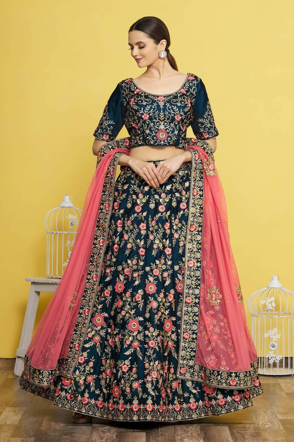Blue Silk Semi-Stitched Wedding Bridal Lehenga - Nimaya | Grocsy