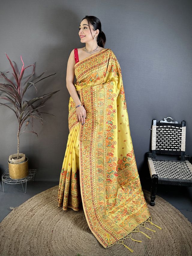 Elora Yellow Pashmina Silk Meenakari Weaving Madhubani Design Kashmiri Saree | Grocsy