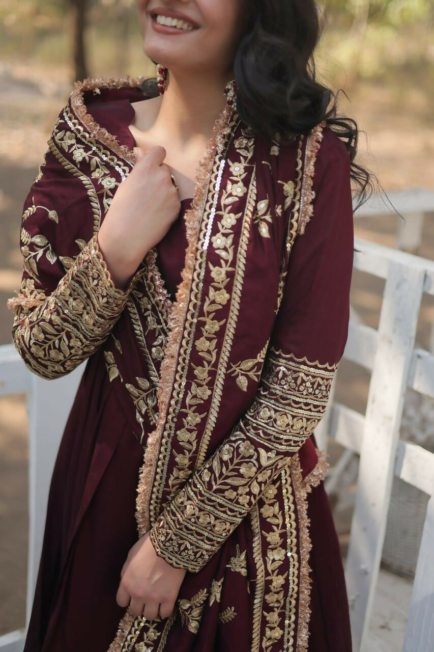 Vastranavya Premium Vichitra Shimmer with Rich Sequins Embroidered work Gown & Dupatta - Dark Maroon | Grocsy