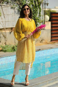 Juniper Women Mustard Georgette Bandhani High-Low Tunic | Grocsy