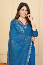 Rama Viscose Chanderi Embroidered Stitched Suit With Dupatta - Tanisha | Grocsy