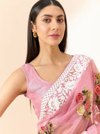 Pink Organza Floral Embroidered Saree with Unstitched Blouse Piece - Roozal | Grocsy