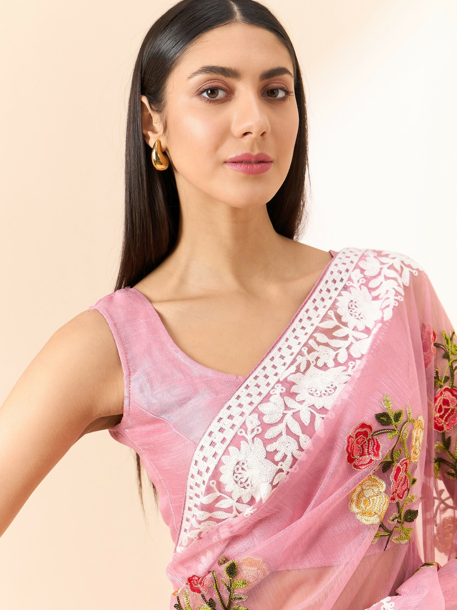 Pink Organza Floral Embroidered Saree with Unstitched Blouse Piece - Roozal | Grocsy