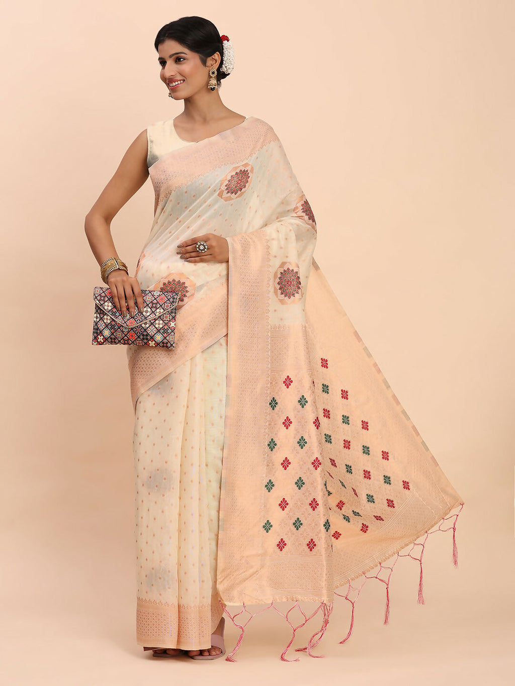 Shree Shyam Fashion Linen Cotton Off White Saree | Grocsy