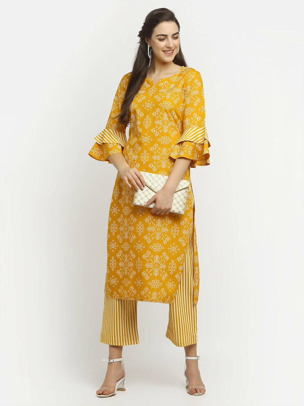 Rudra Bazaar Mustard Printed Bell Sleeve Straight Kurta with Striped Pyjamas | Grocsy