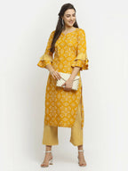 Rudra Bazaar Mustard Printed Bell Sleeve Straight Kurta with Striped Pyjamas | Grocsy