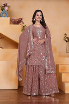 Teeya Creation Onion Color Faux Georgette Embroidery Work Wedding Wear Palazzo Set | Grocsy