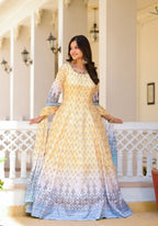 Partywear Designer Yellow Dola Silk Anarkali suit with Dupatta - Samyukta | Grocsy