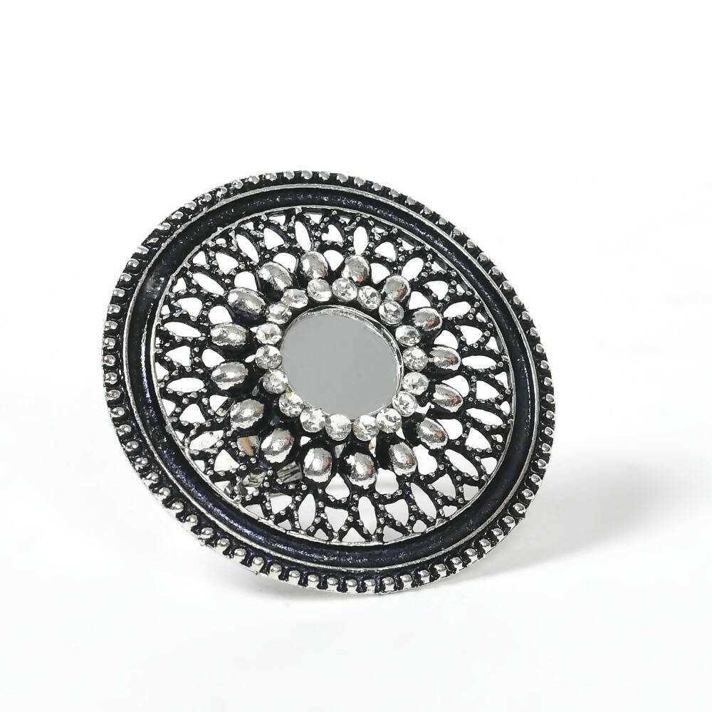 Mominos Fashion Joharkamal Oxidised Silver-Toned Adjustable Finger Ring | Grocsy