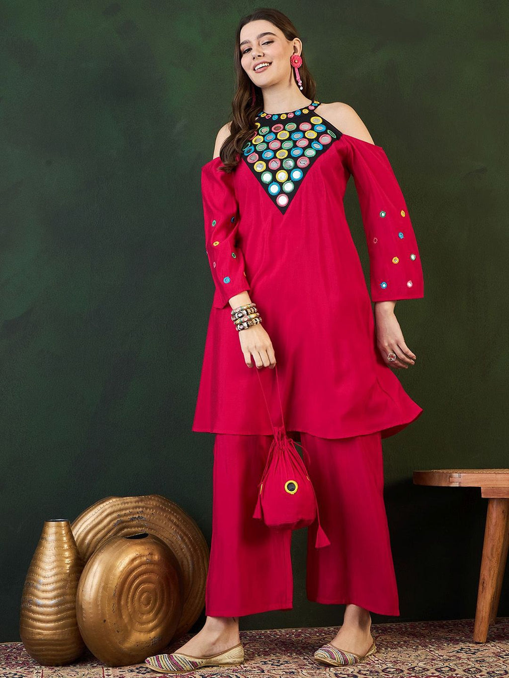 Sangria Embroidered Kurta, Palazzo With Bag Kurta Set | Grocsy