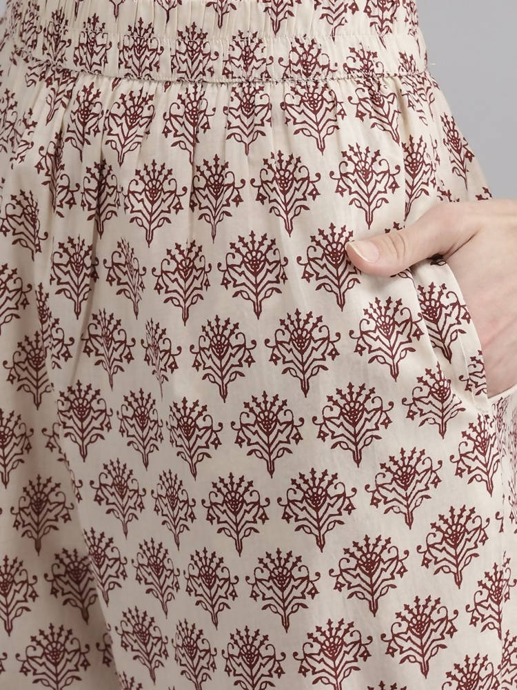 Yufta Women Maroon Floral Printed Regular Thread Work Pure Cotton Kurta with Palazzo & With Dupatta | Grocsy