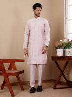 Light Pink Silk Designer Embroidery Work Men's Rajwadi Kurta Set - Mahotsav | Grocsy
