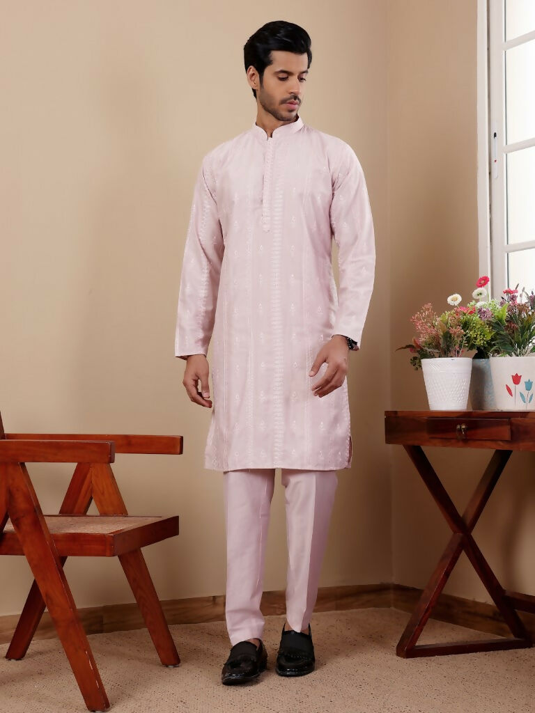 Light Pink Silk Designer Embroidery Work Men's Rajwadi Kurta Set - Mahotsav | Grocsy