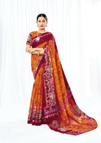 Orange Chanderi Cotton Floral Printed Saree With Unstitched Blouse Piece - Kathika | Grocsy