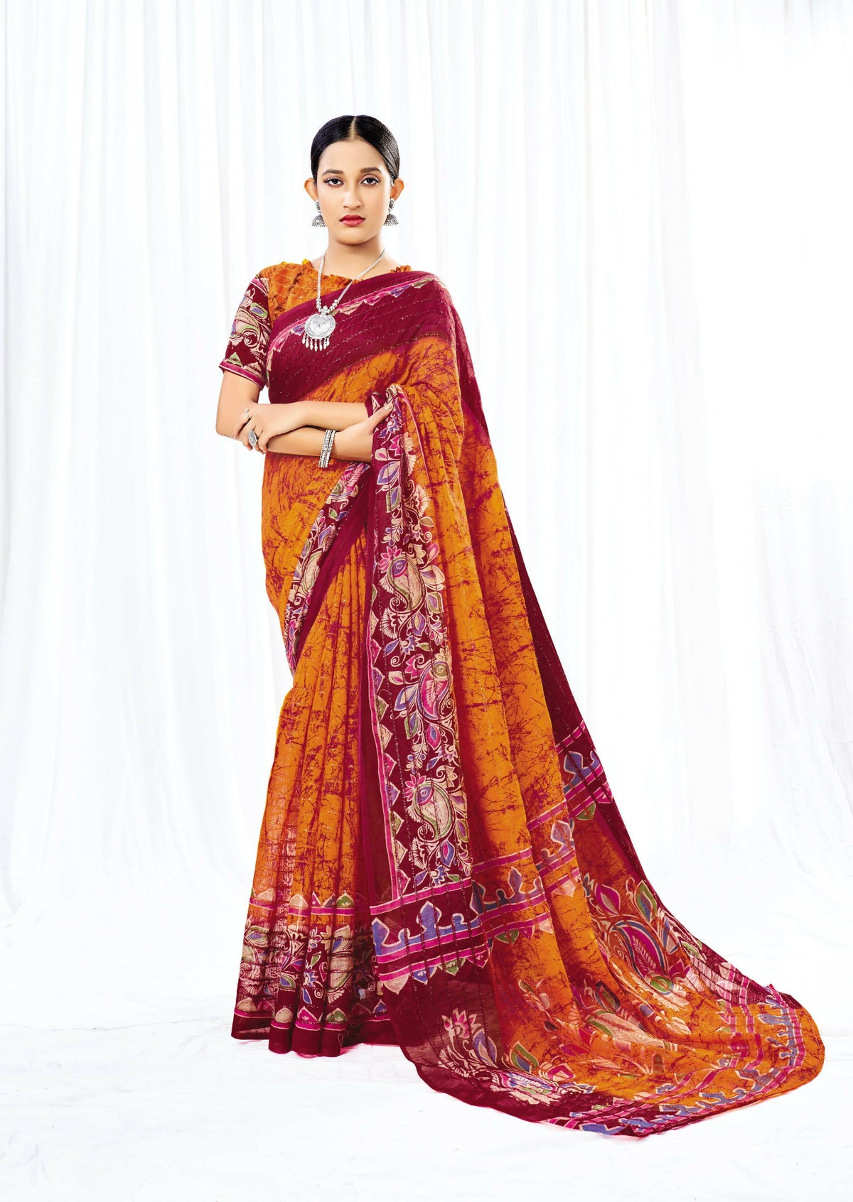 Orange Chanderi Cotton Floral Printed Saree With Unstitched Blouse Piece - Kathika | Grocsy