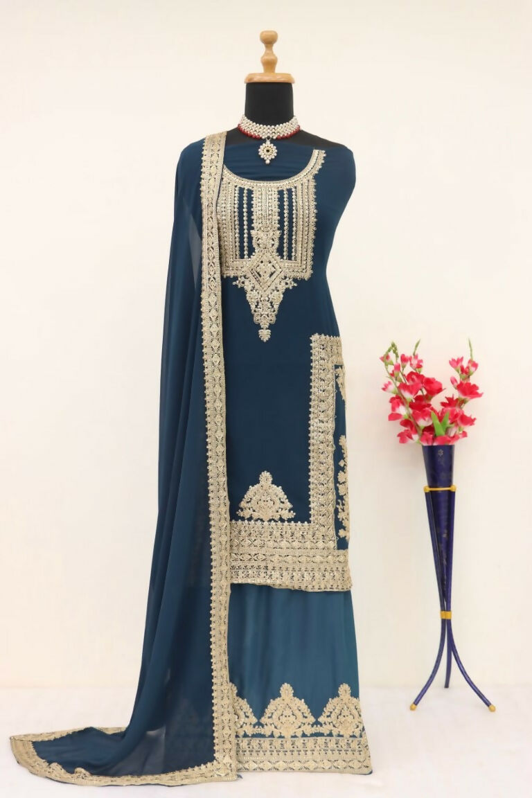 Vastranavya Gorgeous Teal Faux Georgette with Embroidery 3mm Sequence & Coding Work Pakistani Straight Pant Suit | Grocsy