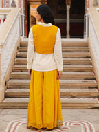 Juniper Women's Mustard Thread Embroidered Georgette Shirt Jacket & Palazzo Set With Mirror Work & Sequins | Grocsy