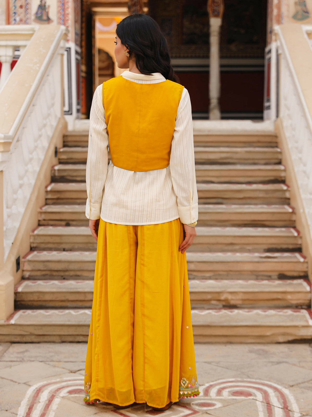 Juniper Women's Mustard Thread Embroidered Georgette Shirt Jacket & Palazzo Set With Mirror Work & Sequins | Grocsy