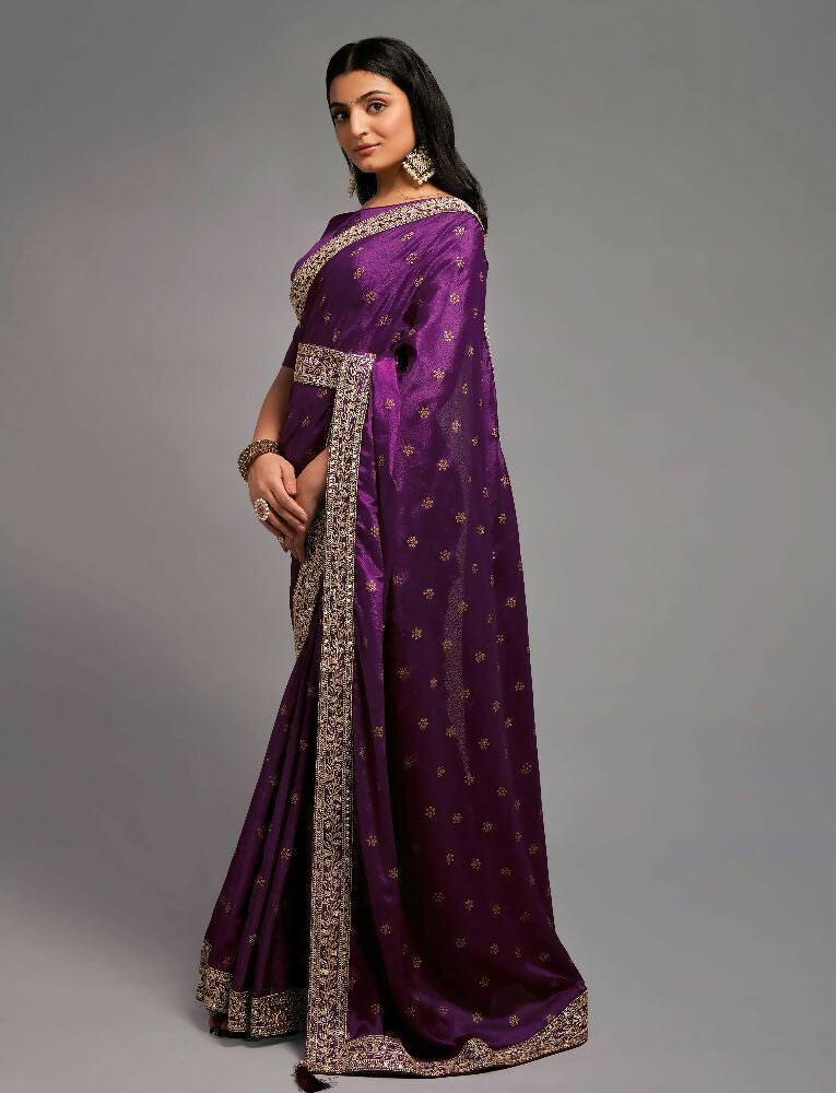 PR Fashion Wine Chinon Embroidery Lace Saree | Grocsy